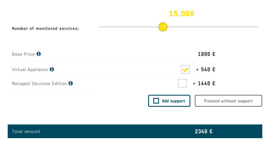 The pricing tool, showing a slider to let the user select the number of services and different checkboxes underneath to select from. The total price resulting from the user's selection is showed at the bottom.