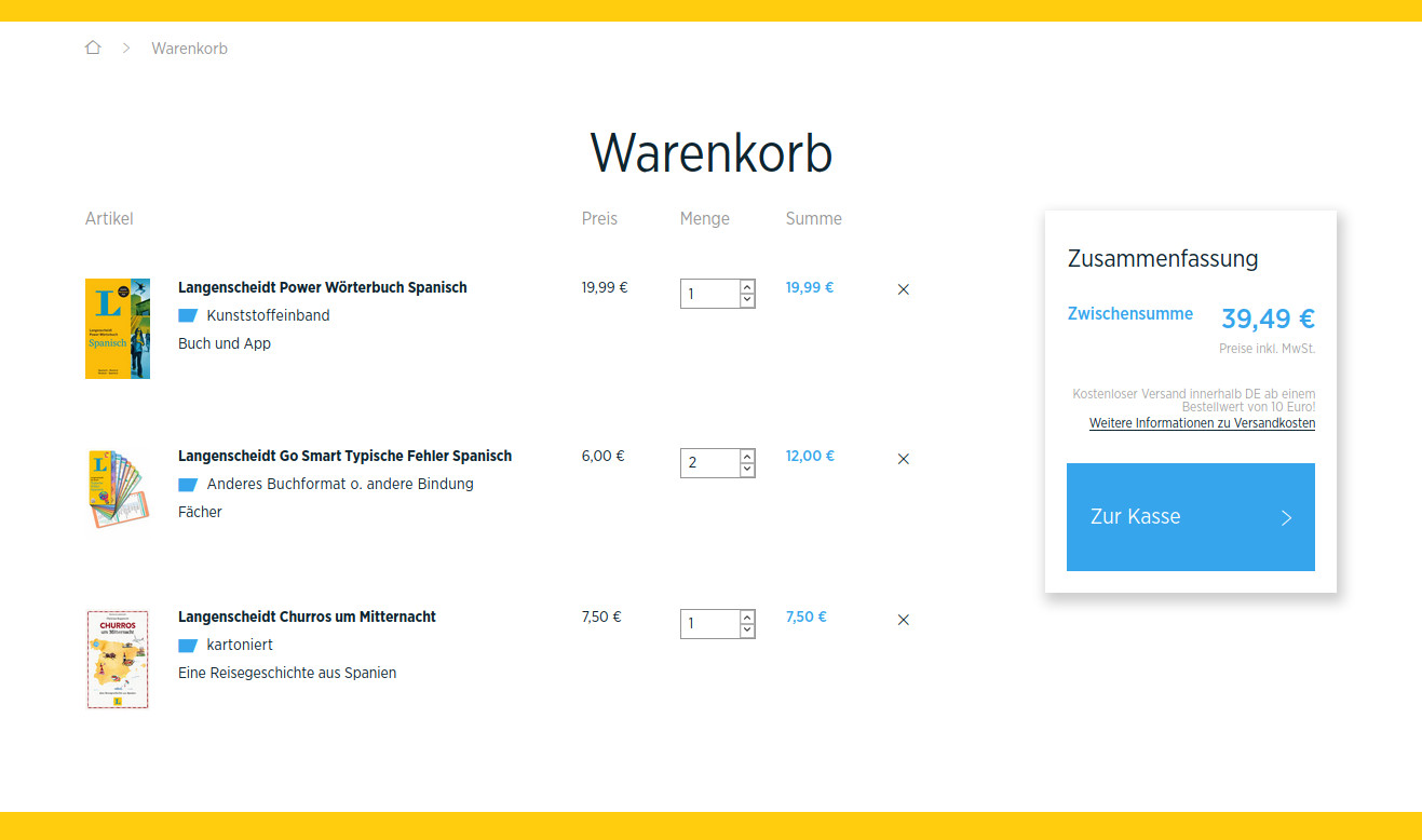 The cart screen showing three products, each with a quantity input and the total price and a summary box on the right.