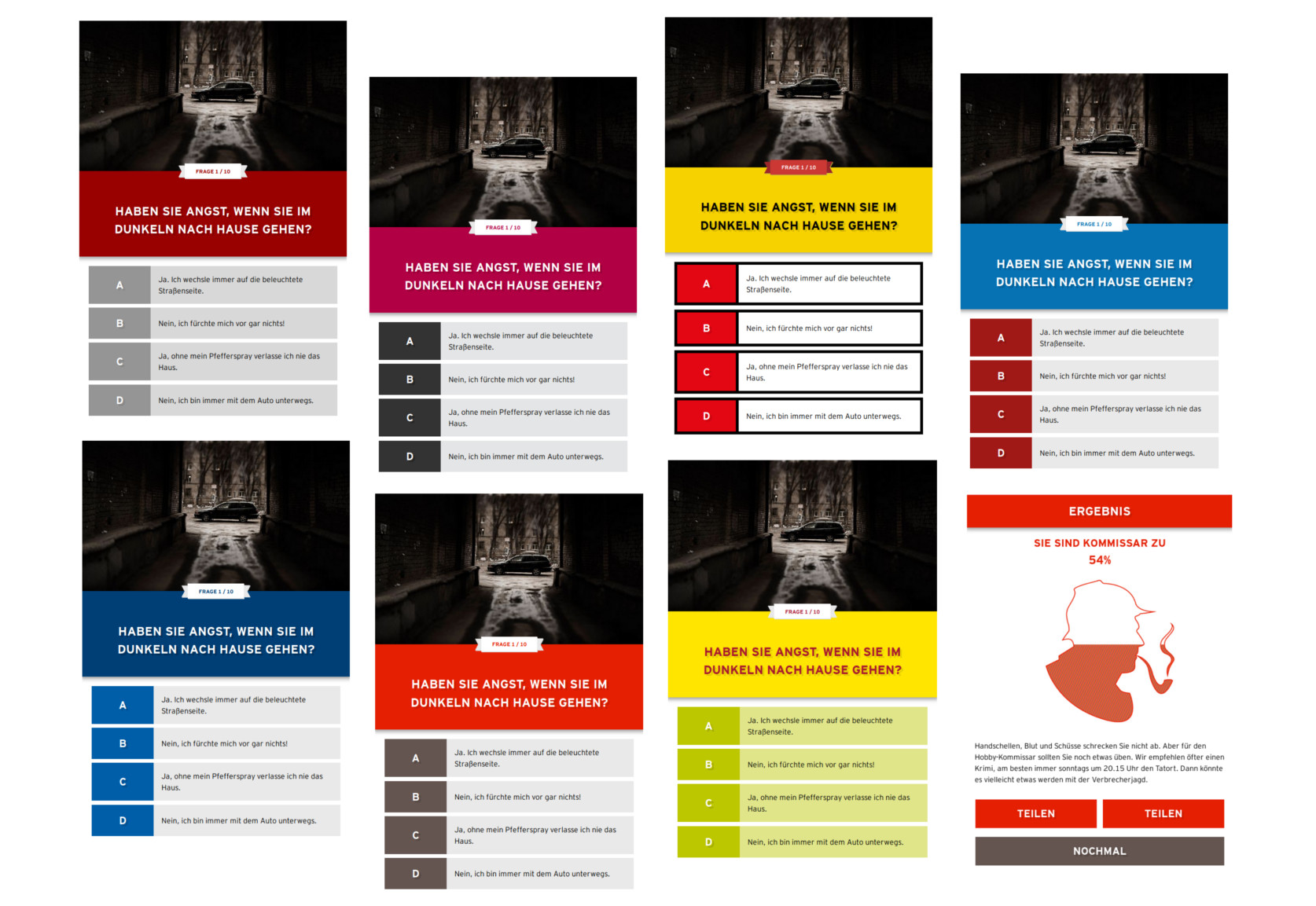 Multiple theme versions of the same screen, showing a question with an image and four possible answers.