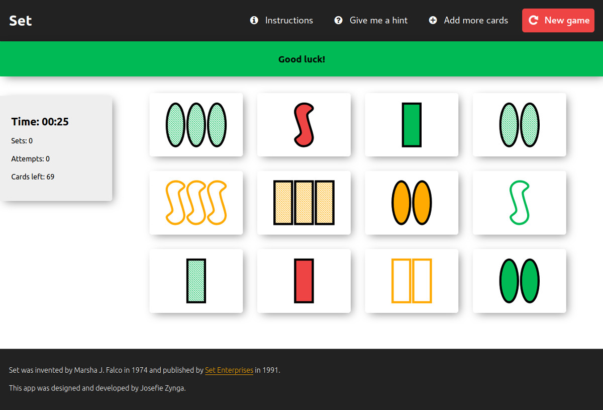 The game interface consists of the main board with 12 random cards with different shapes, a toolbar with the main game functions, and an info box showing the current time, the number of sets found, the number of attempts and how many card are left.